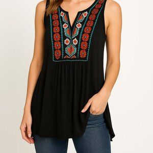 Boho Embroidered Black Sleeveless Tunic Top – Size L | Southwestern Aztec Detail